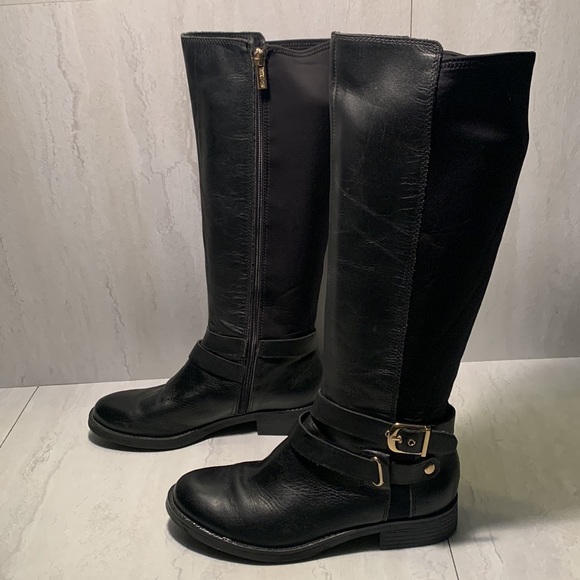 Kenneth Cole Reaction Black Leather Slip On Buckle Detail Side Zipper Tall Boots - Picture 2 of 12